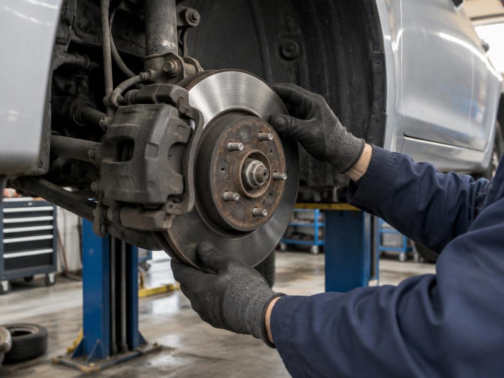 Mechanic inspecting a vehicle's brake rotor